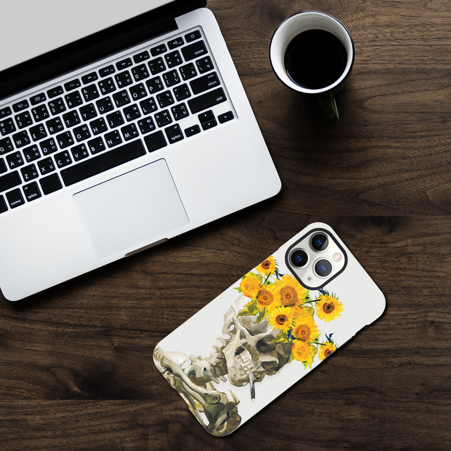 Head of a skeleton with sunflower crown - Phone Case