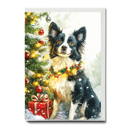 Border Collie in front of a Christmas tree - Greeting Card