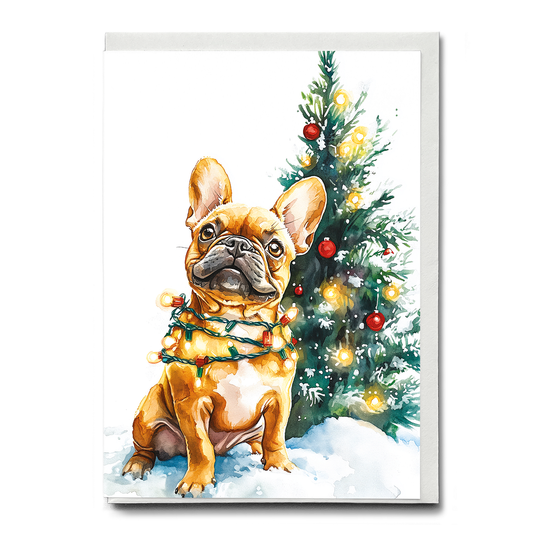 French Bulldog in front of a Christmas tree - Greeting Card