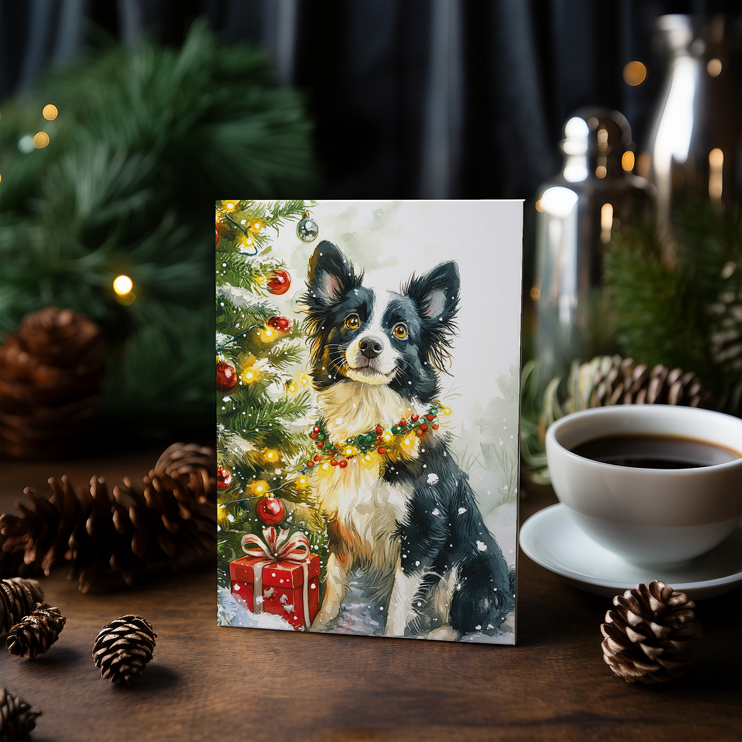 Border Collie in front of a Christmas tree - Greeting Card