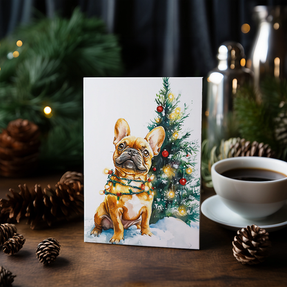 French Bulldog in front of a Christmas tree - Greeting Card