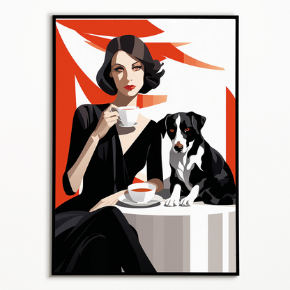 Lady drinking coffee with her dog - Art Print
