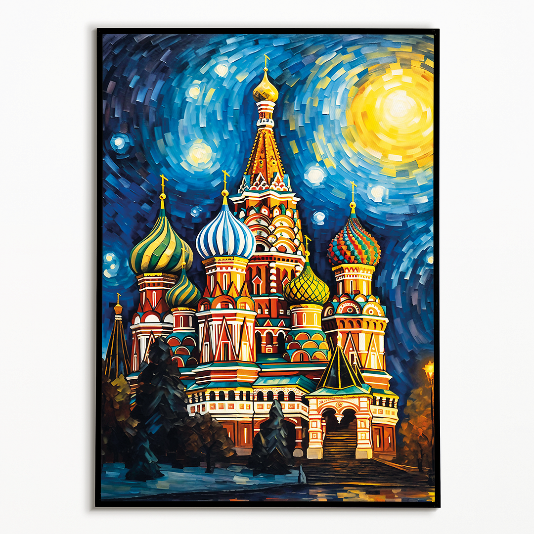 St Basil's Cathedral painting at night in Van Gogh style - Art Print