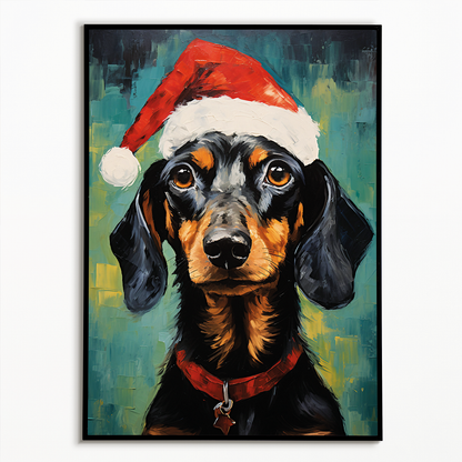 Painting of a dachshund wearing a Christmas hat - Art Print