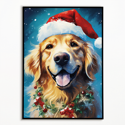 Painting of a golden retriever wearing a Christmas hat - Art Print