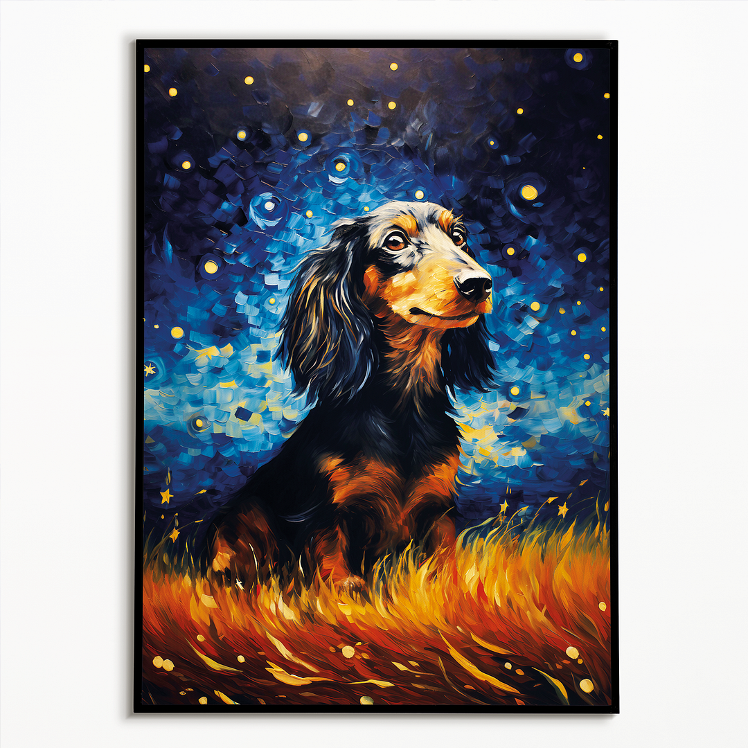 Longhaired dachshund in a weed field  Van Gogh style - Art Print