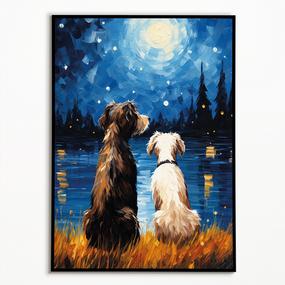 Two dogs looking at the starry night Van Gogh style - Art Print