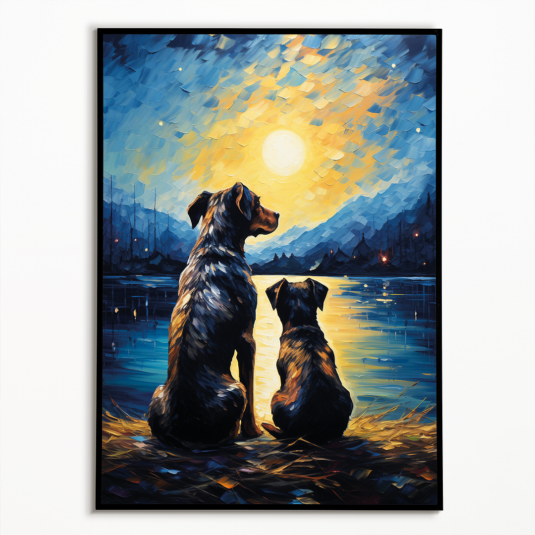 Dog and puppy looking at the starry night Van Gogh style - Art Print