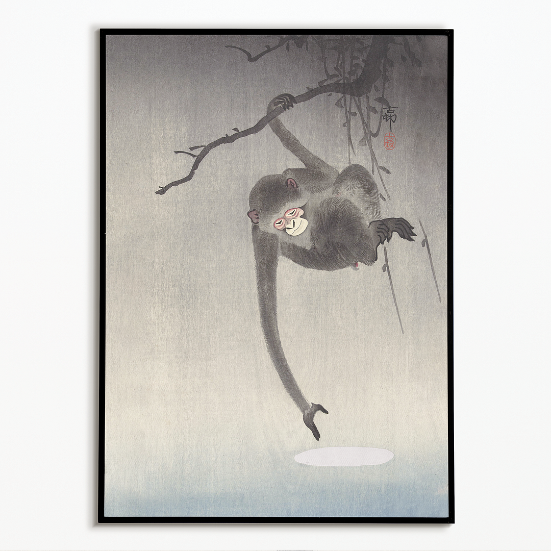 Monkey Reaching For The Moon By Ohara Koson - Art Print