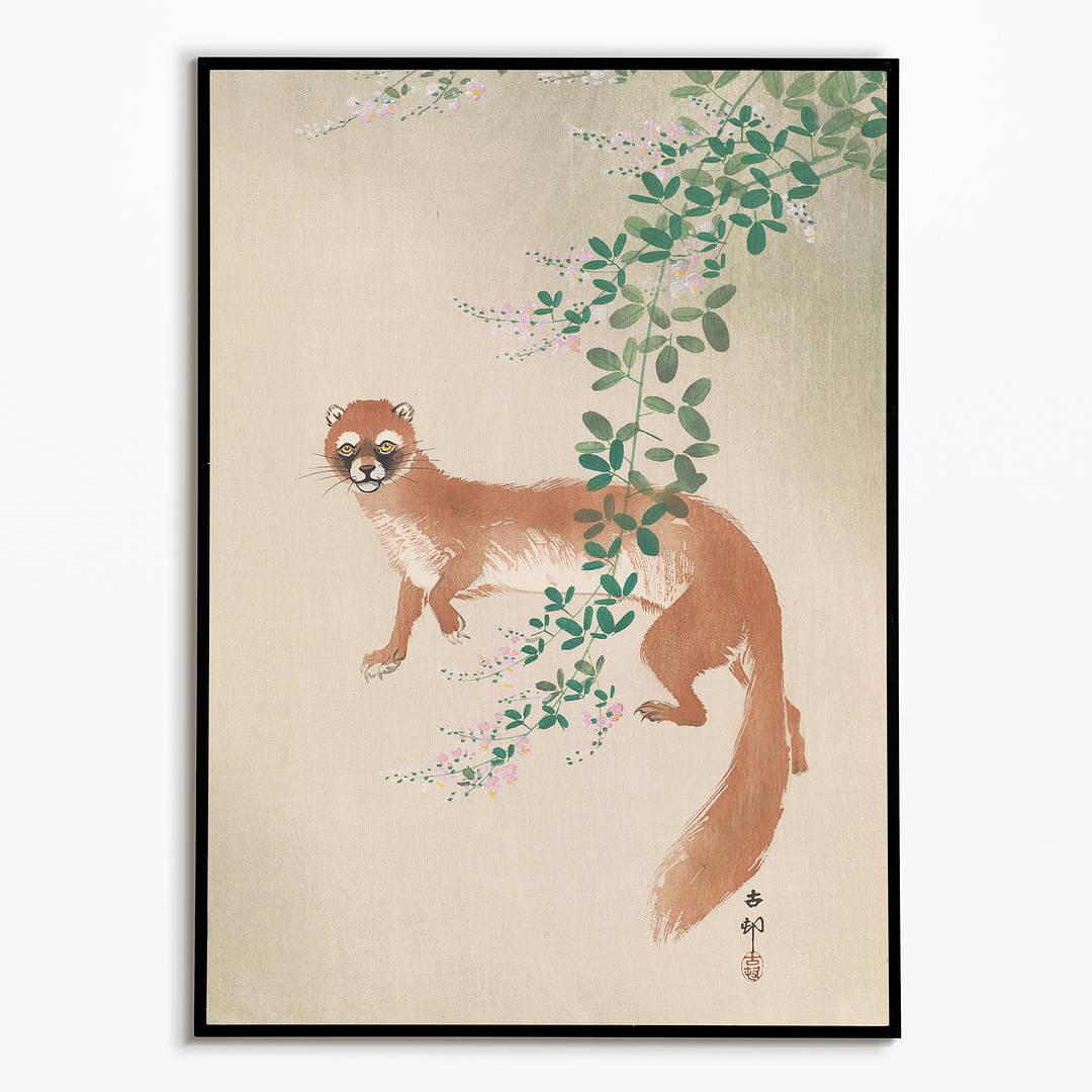 Weasel and the flowers By Ohara Koson - Art Print