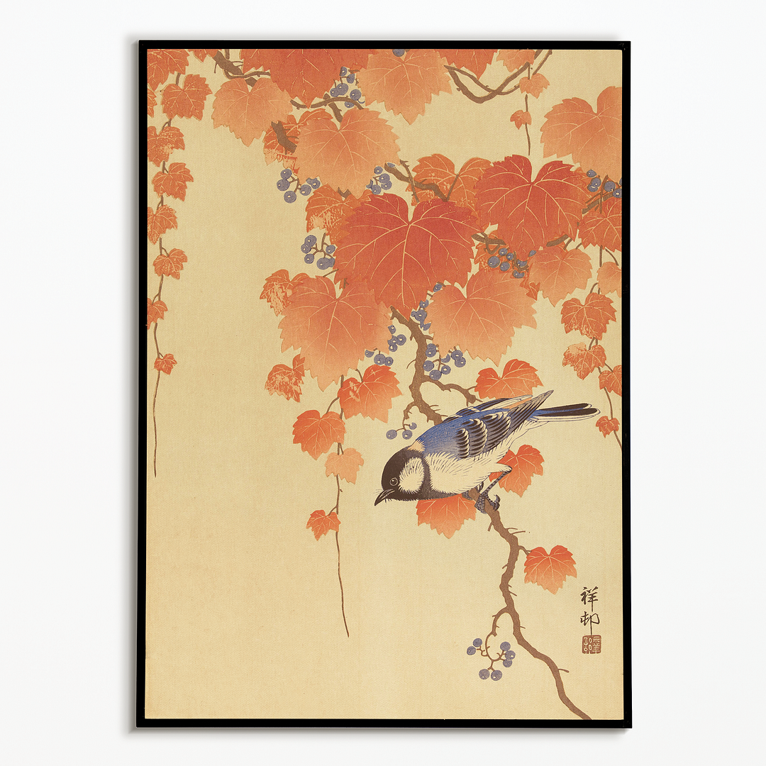 Great tit on paulownia branch By Ohara Koson - Art Print