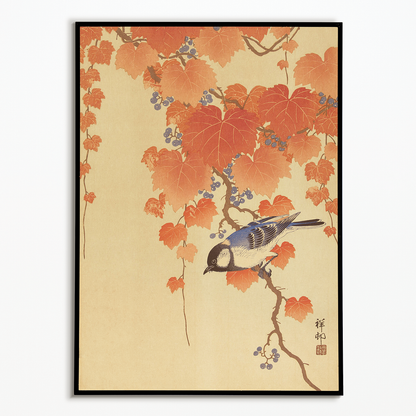 Great tit on paulownia branch By Ohara Koson - Art Print