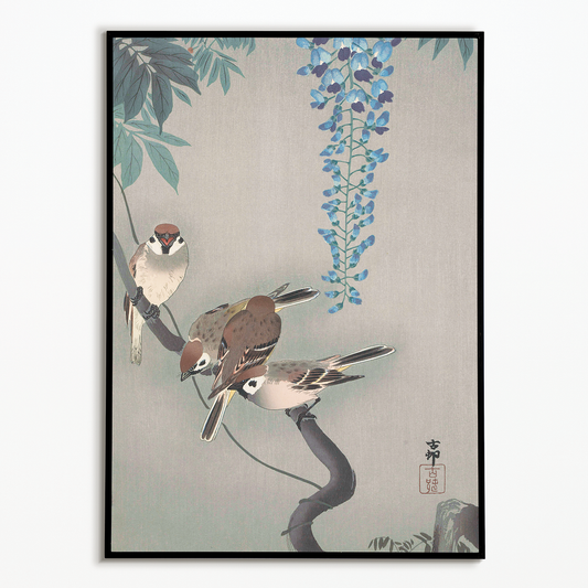 Ring sparrows at wisteria By Ohara Koson - Art Print