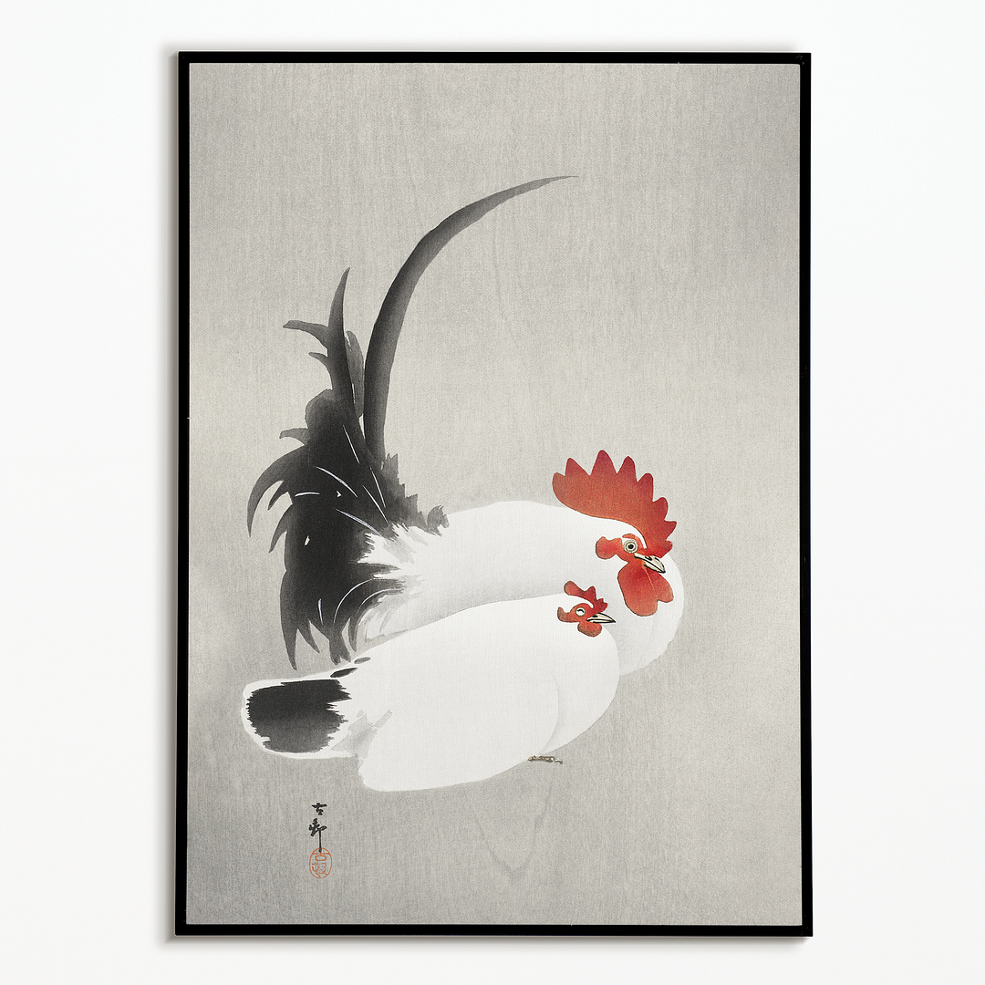 Rooster and hen By Ohara Koson - Art Print