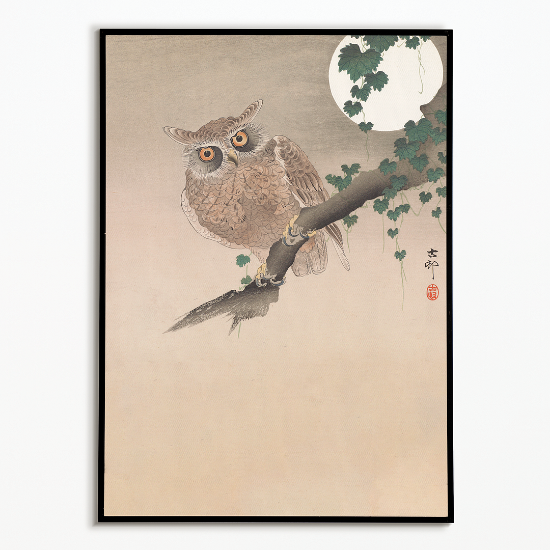 Owl perched on a tree branch and full moon By Ohara Koson - Art Print