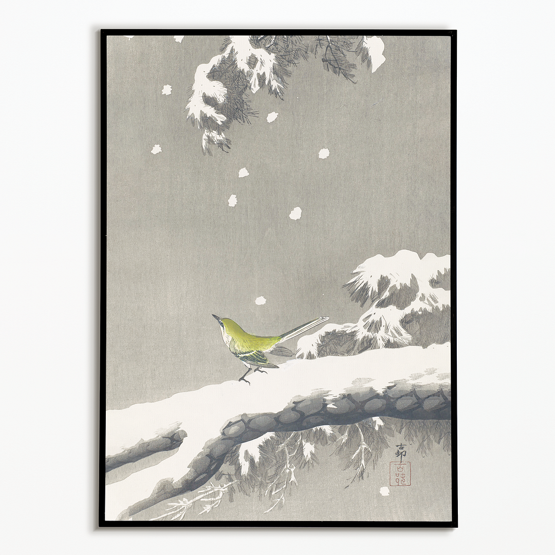 Wagtail on a snowy bough By Ohara Koson - Art Print