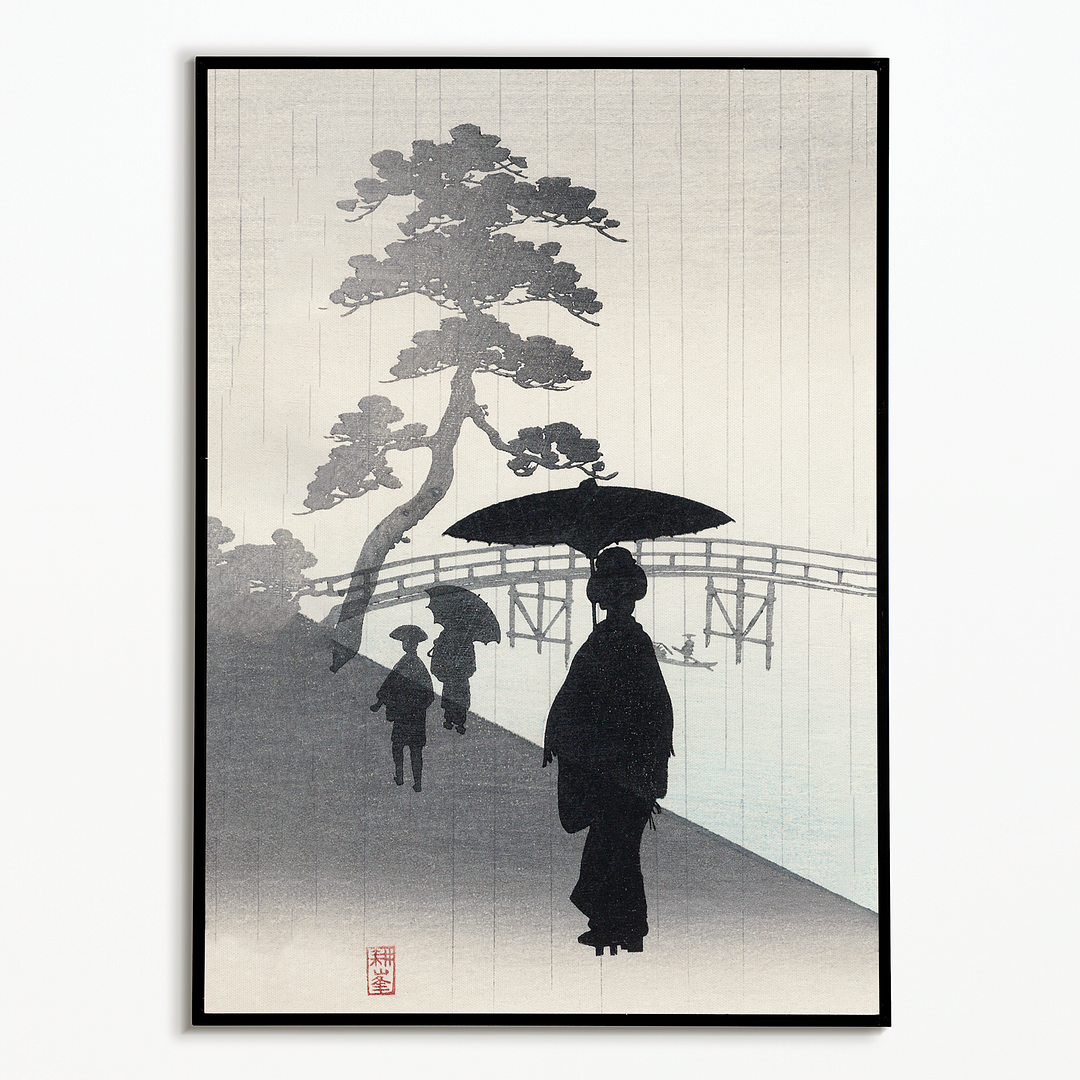 Geisha with umbrella silhouette woodblock - Art Print