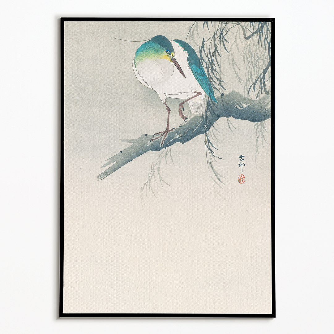 Night-heron with raised leg perched on a willow branch By Ohara Koson	 - Art Print