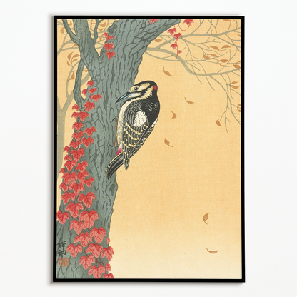 Great Spotted Woodpecker in Tree with Red Ivy By Ohara Koson - Art Print