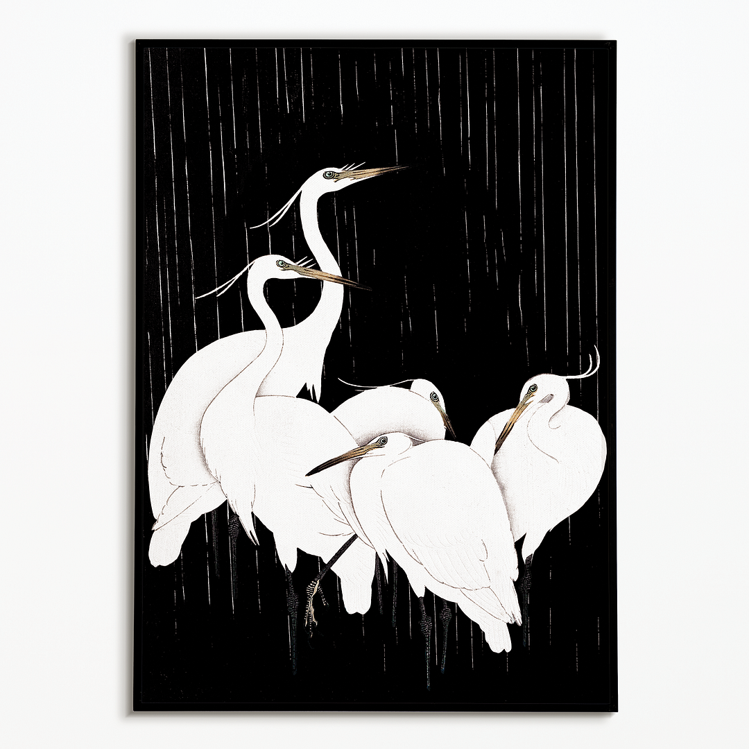 Egrets in the rain black version By Ohara Koson - Art Print