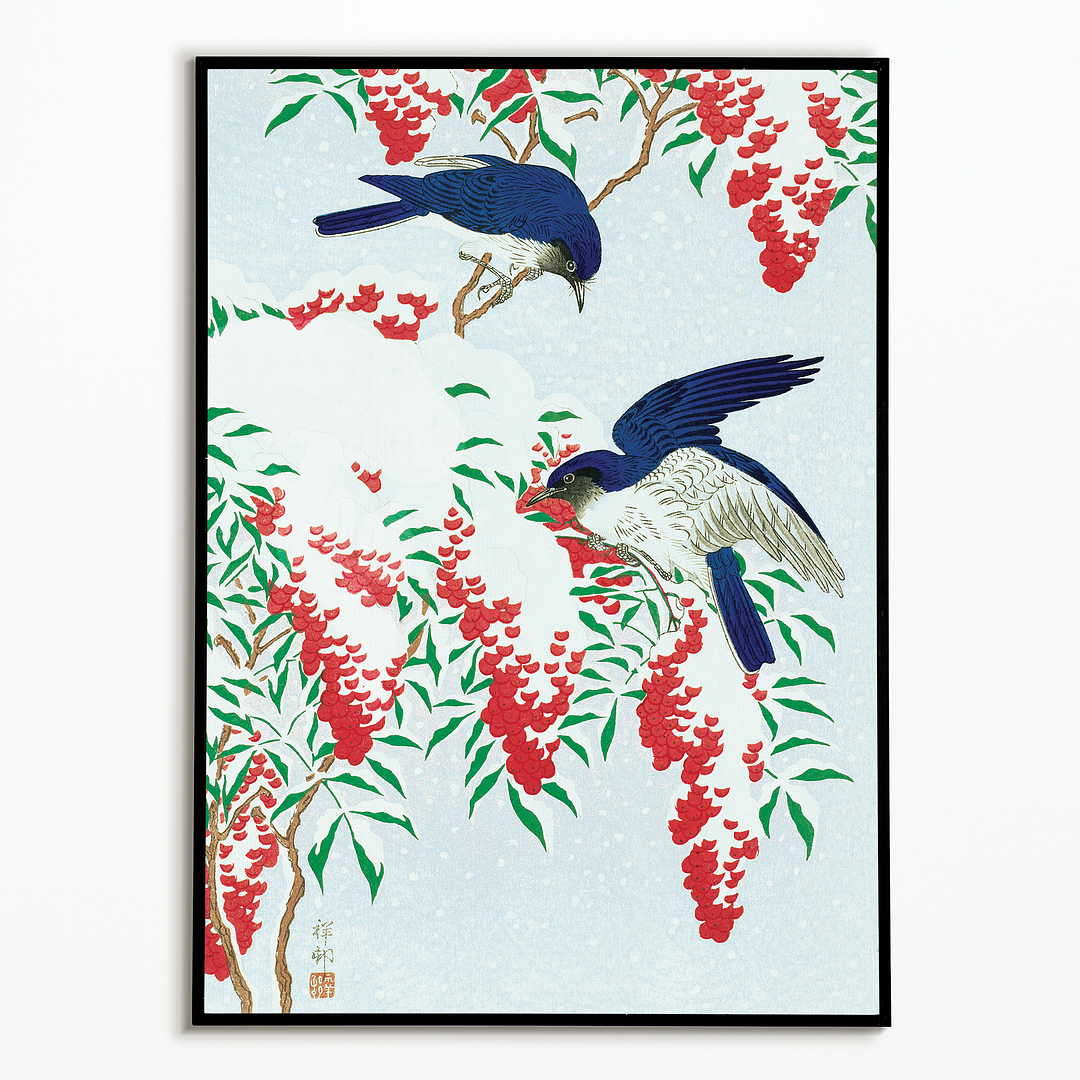 Flycatchers on a nandina bush By Ohara Koson - Art Print