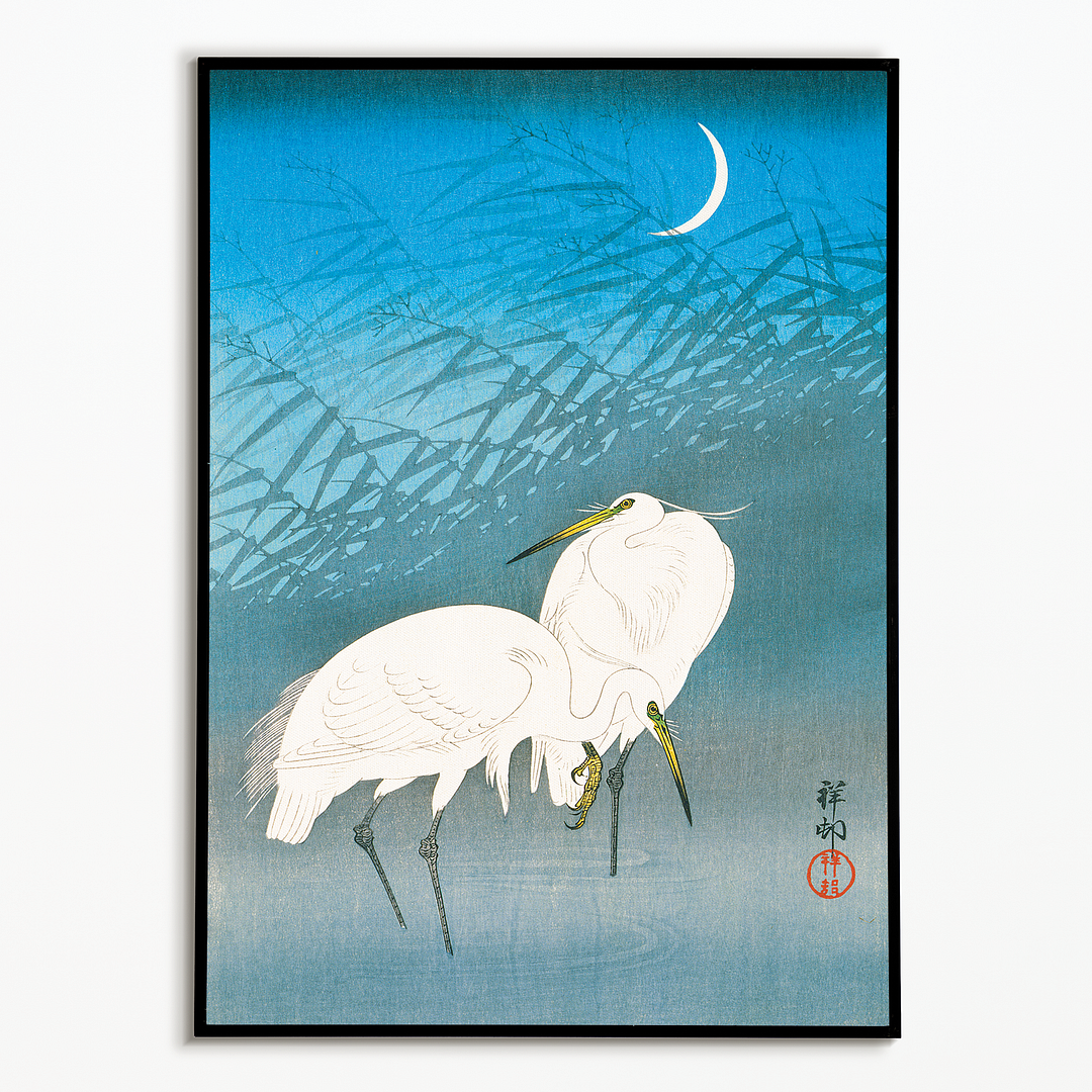 Egrets and Reeds in Moonlight By Ohara Koson - Art Print