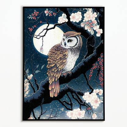 Glowing blossoms and owl in the night - Art Print