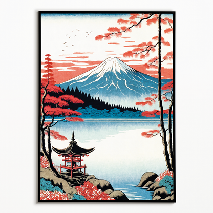 The Majesty of Mount Fuji: A Serene Lake and Red Shrine - Art Print