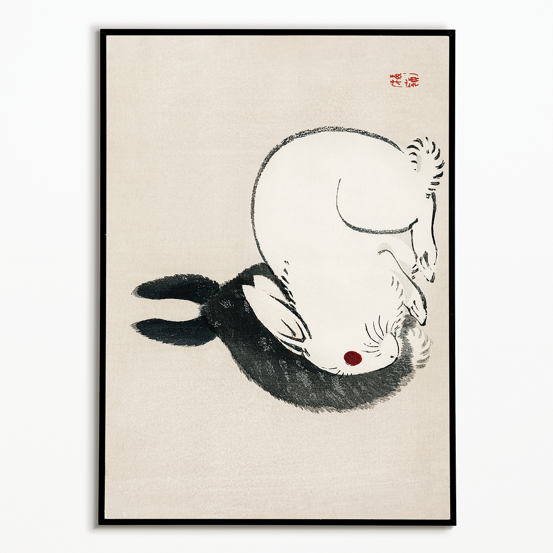 Black and white rabbits by Kōno Bairei - Art Print