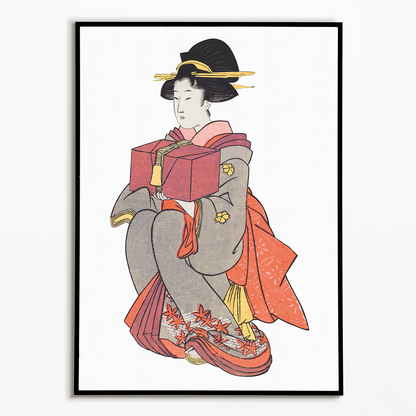 Japanese woman holding box By Kitagawa - Art Print