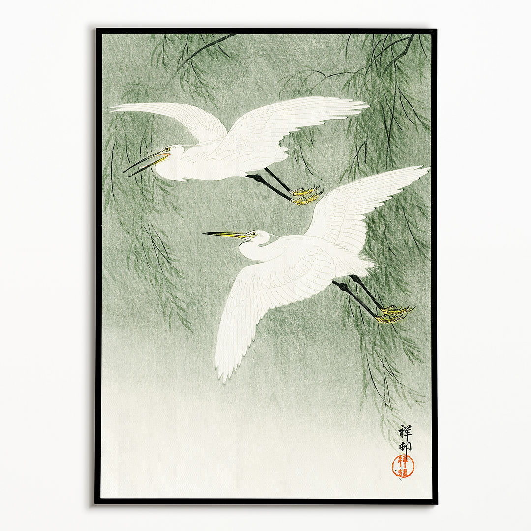 Little Egrets in flight  by Ohara Koson  - Art Print