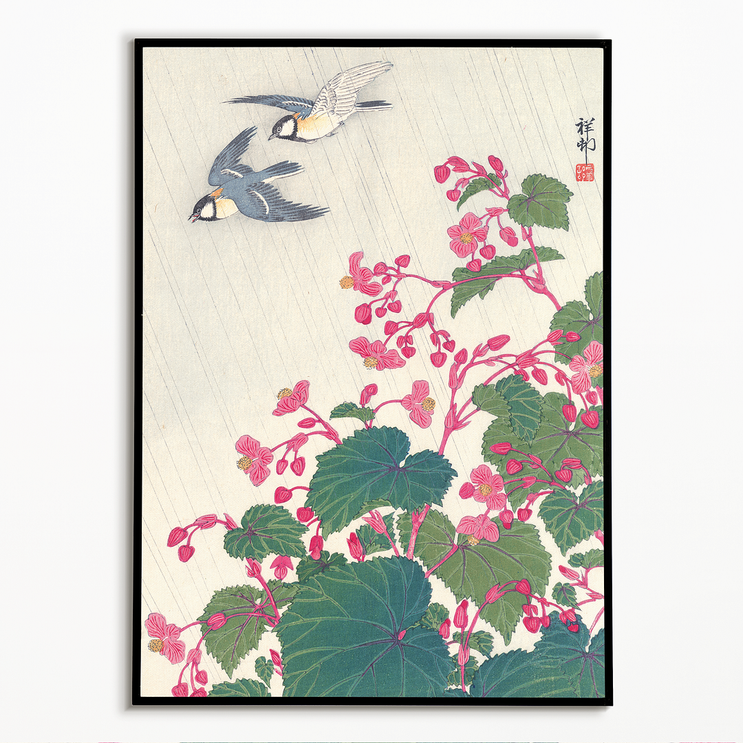 Two bird and begonia in rain by Ohara Shoson - Art Print