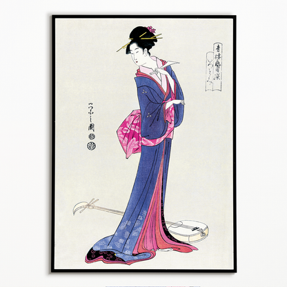 Japanese woman in kimono and a shamisen on the floor - Art Print