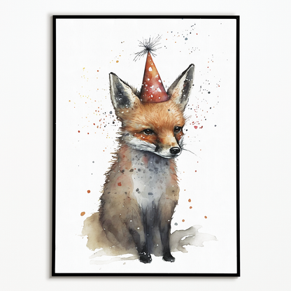 fox wearing a party hat - Art Print