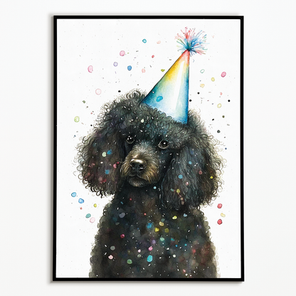 Black poodle wearing a party hat - Art Print