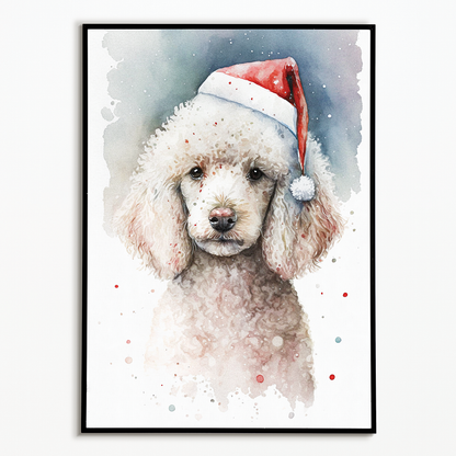White poodle wearing a christmas hat - Art Print