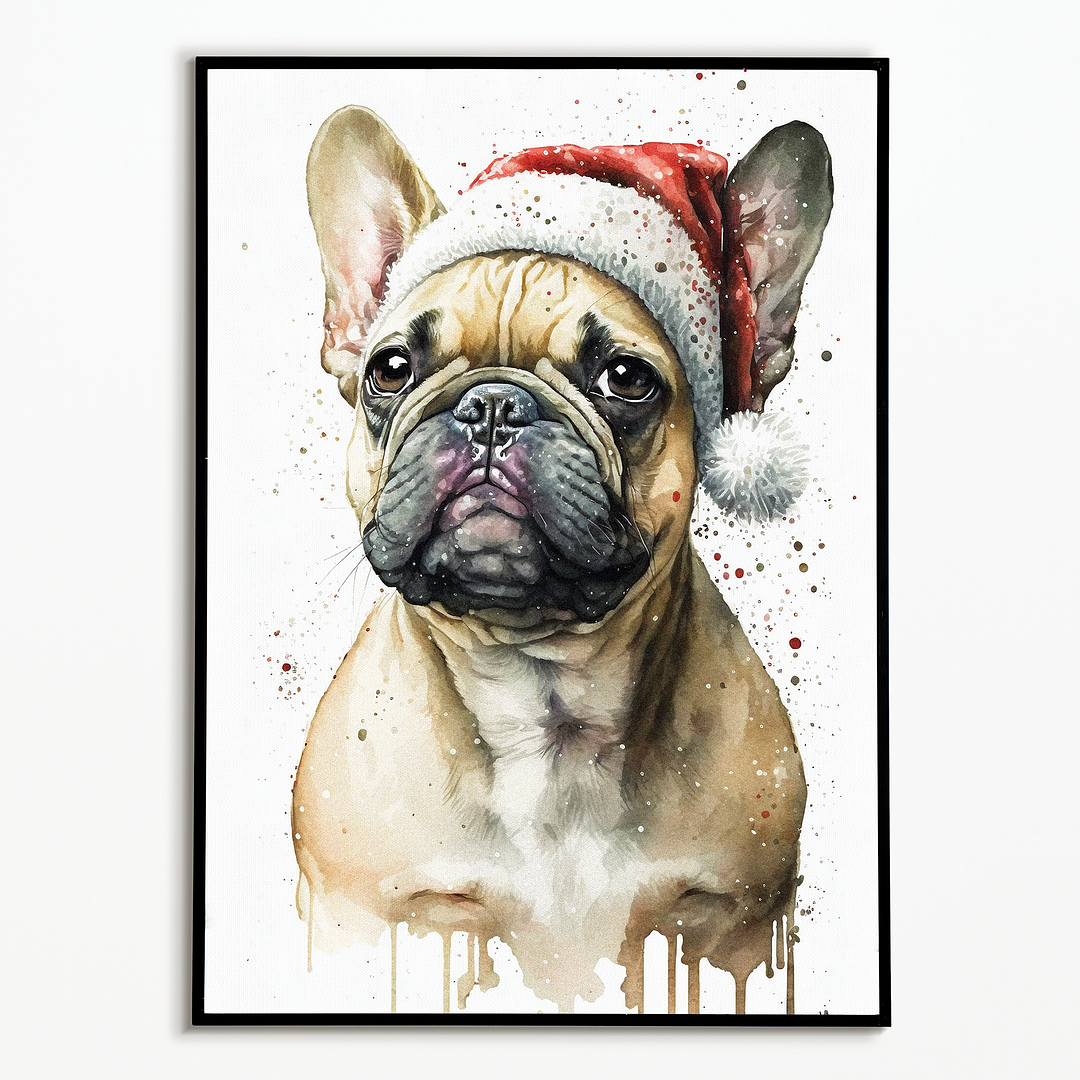 French bulldog wearing a Christmas hat - Art Print
