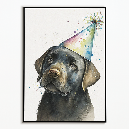 Black labrador wearing a party hat - Art Print