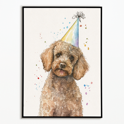 Brown poodle wearing a party hat - Art Print