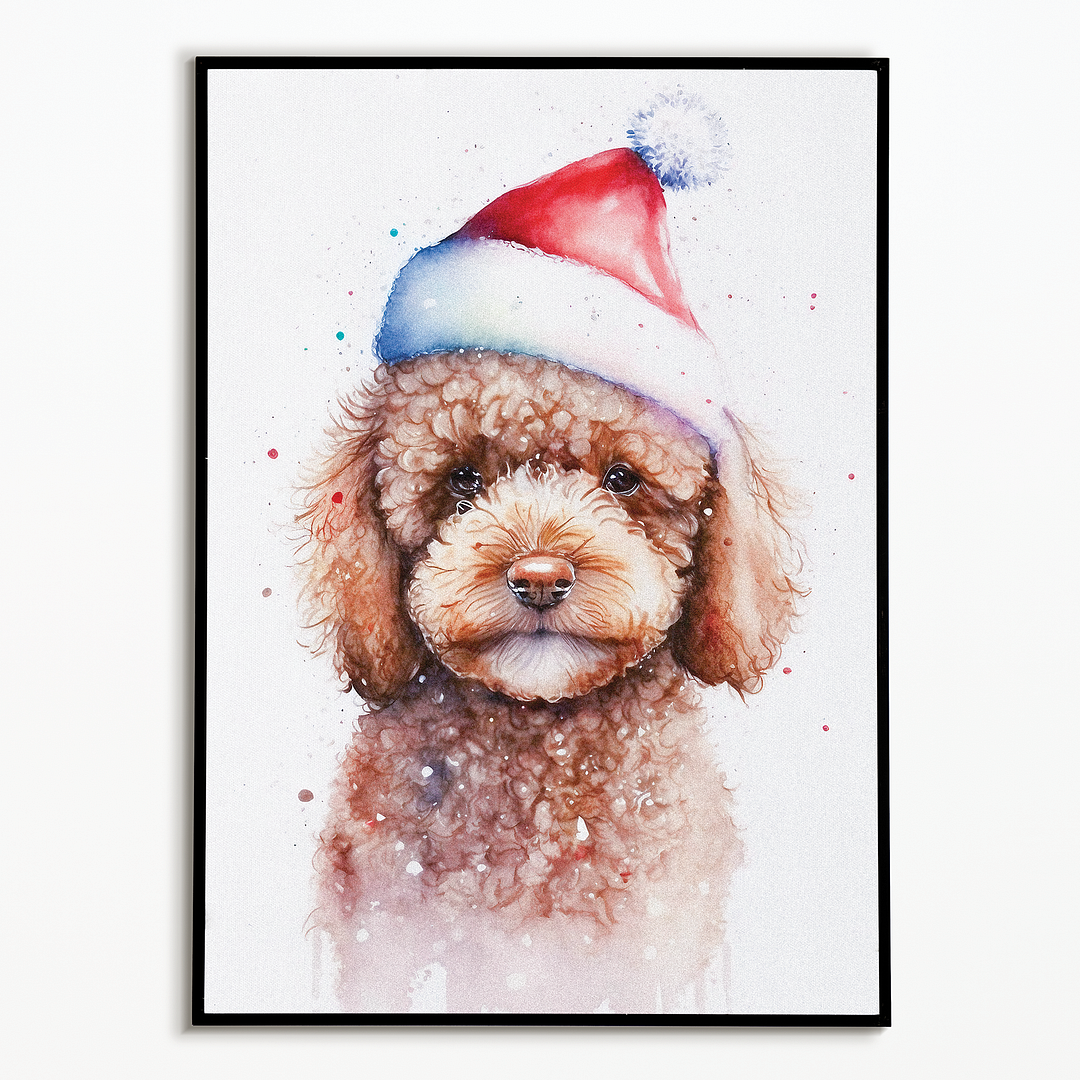 Brown poodle wearing a Christmas hat - Art Print