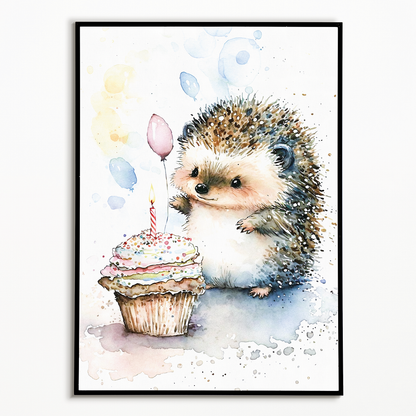 Hedgehog enjoying his cupcake - Art Print