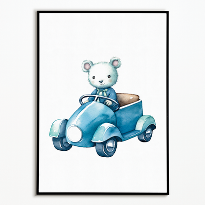 Little mouse driving a blue car - Art Print