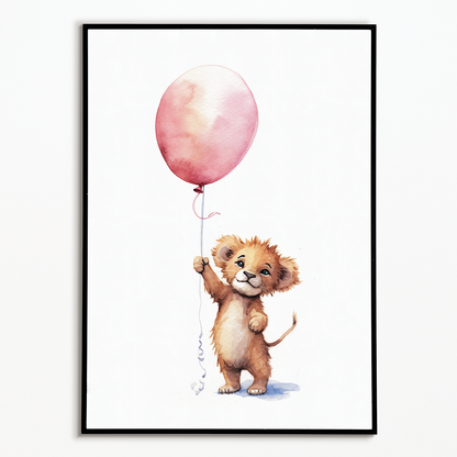 Lion cub hold holding a pink balloon - Art Print