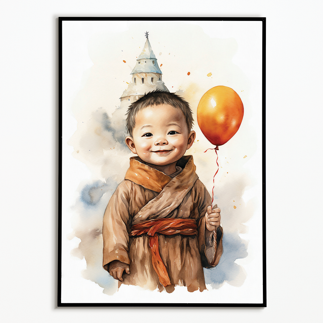 Cute little monk holding a balloon - Art Print