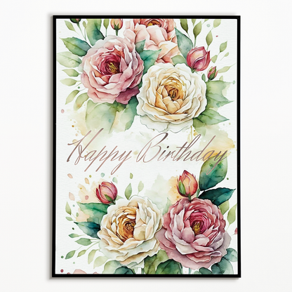 Happy Birthday Pink And White Roses - Art Print