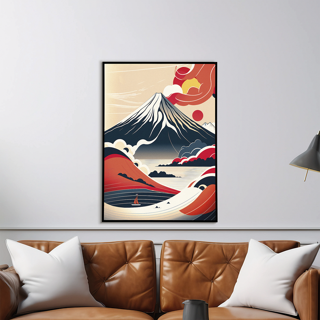 Mount fuji and red sun - Art Print