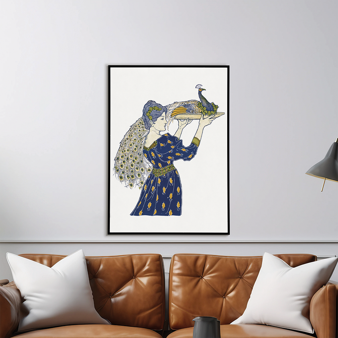 Woman carrying peacock - Art Print