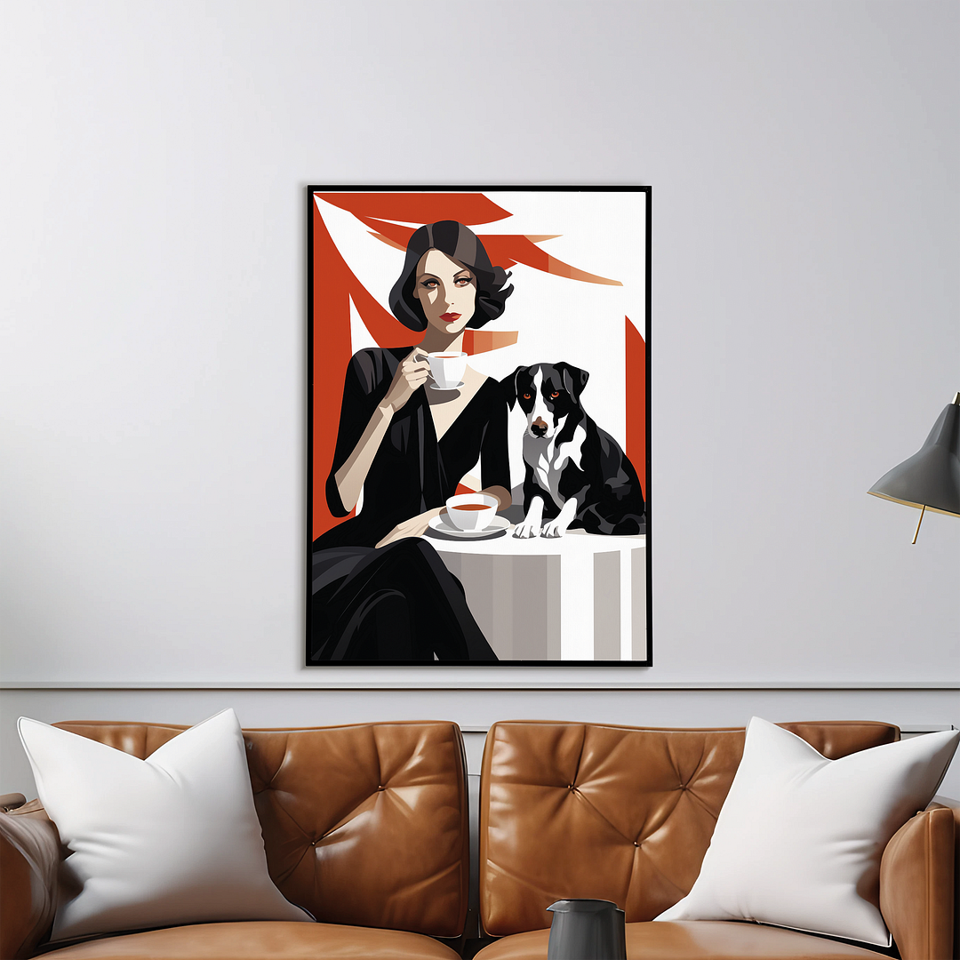 Lady drinking coffee with her dog - Art Print