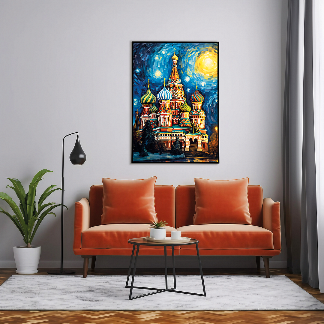 St Basil's Cathedral painting at night in Van Gogh style - Art Print