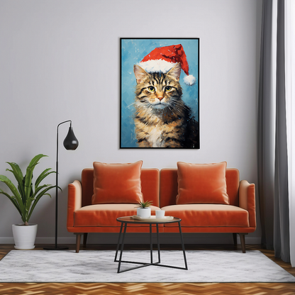 Painting of a cat wearing a Christmas hat - Art Print